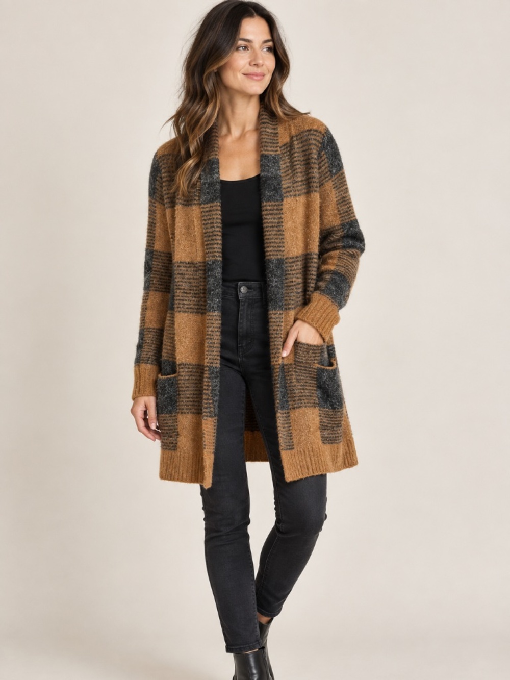 Cyrus Brown Black Plaid Long Open Front Cardigan Sweater Size S